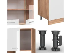 Clearance Vicco R-Line Küchenzeile Weiß Hochglanz/Goldkraft Eiche 300 cm mit HochschrankAP Marmor ohne E-Geräte Hochglanz Weiß
