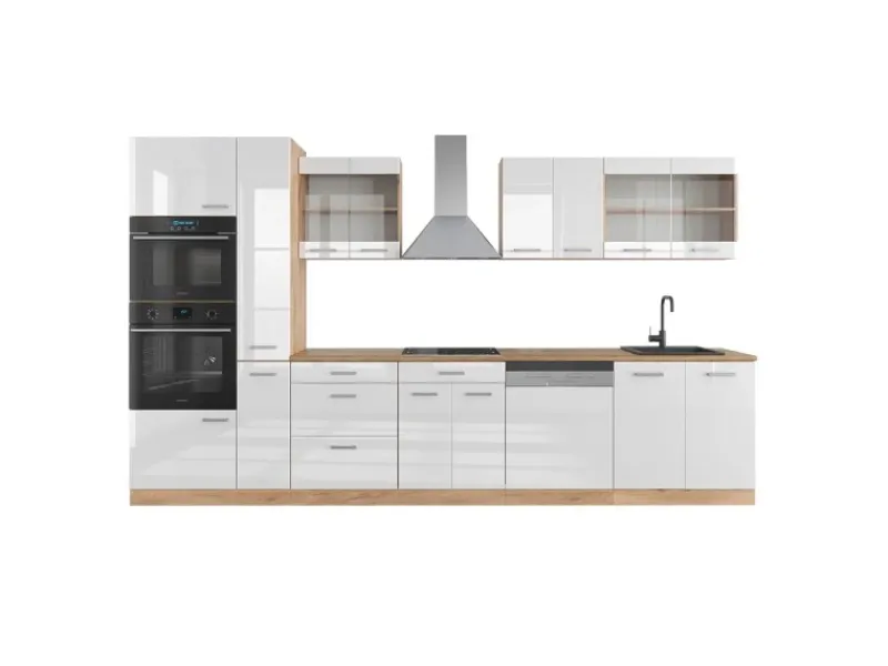 Online Vicco R-Line Küchenzeile Weiß Hochglanz/Goldkraft Eiche 350 cm mit HochschrankAP Eiche ohne E-Geräte Hochglanz Weiß
