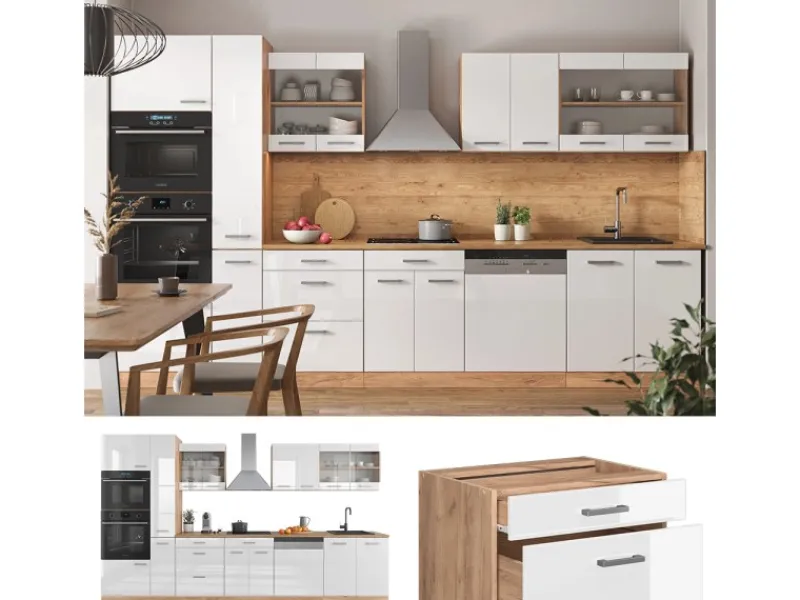 Online Vicco R-Line Küchenzeile Weiß Hochglanz/Goldkraft Eiche 350 cm mit HochschrankAP Eiche ohne E-Geräte Hochglanz Weiß