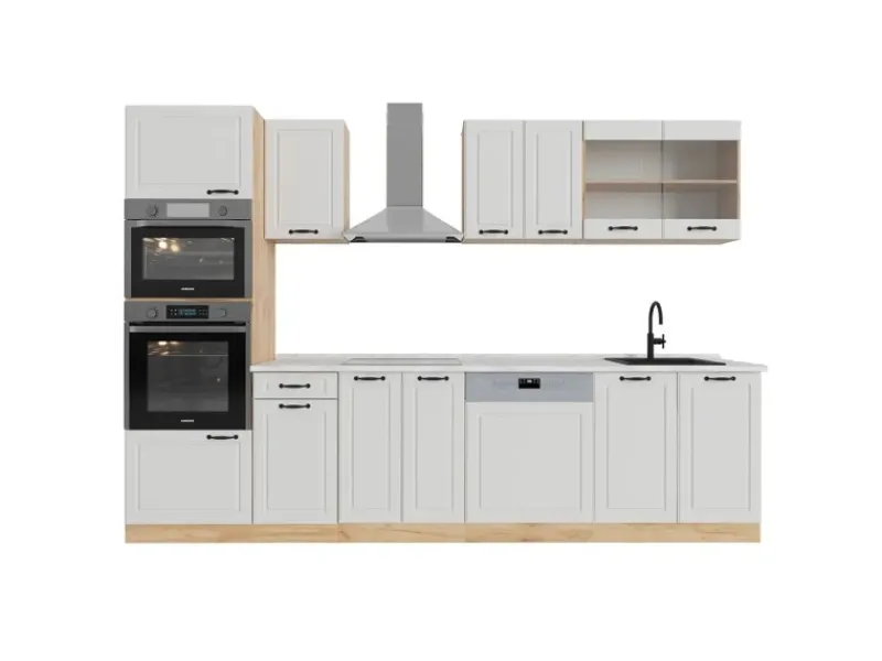 Vicco R-Line Küchenzeile Weiß Landhaus/Goldkraft Eiche 300 cm mit HochschrankAP Marmor ohne E-Geräte< Einbauküchen