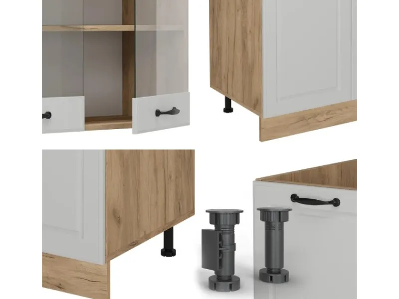 Vicco R-Line Küchenzeile Weiß Landhaus/Goldkraft Eiche 300 cm mit HochschrankAP Marmor ohne E-Geräte< Einbauküchen