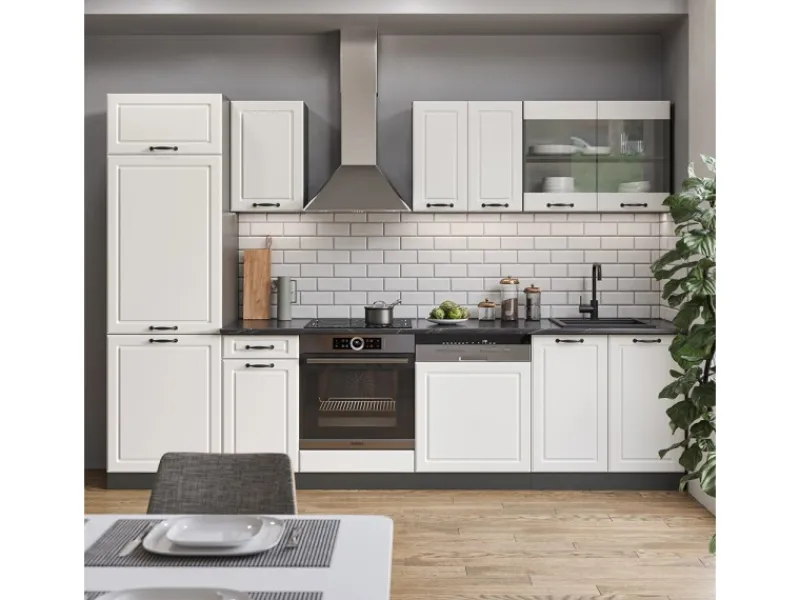 Vicco R-Line Küchenzeile Weiß Landhaus/Anthrazit 300 cm AP Eiche ohne E-Geräte Weiß Strukturiert