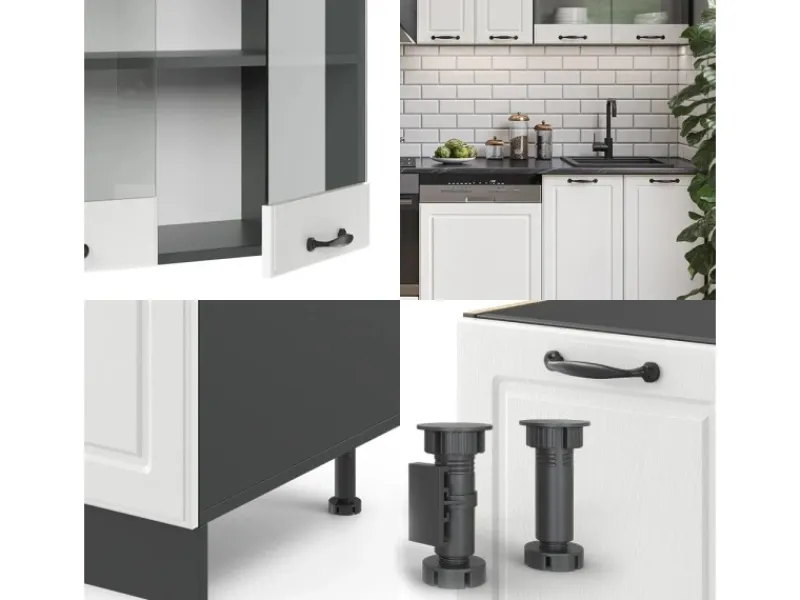 Vicco R-Line Küchenzeile Weiß Landhaus/Anthrazit 300 cm AP Eiche ohne E-Geräte Weiß Strukturiert