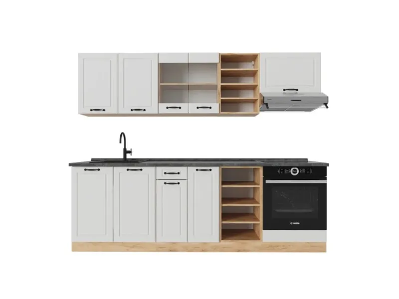 Vicco R-Line Küchenzeile Weiß Landhaus/Goldkraft Eiche 240 cm AP Anthrazit ohne E-Geräte< Einbauküchen