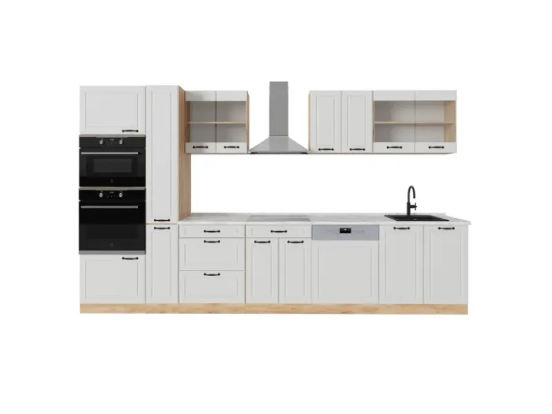 Vicco R-Line Küchenzeile Weiß Landhaus/Goldkraft Eiche 350 cm AP Marmor ohne E-Geräte< Einbauküchen