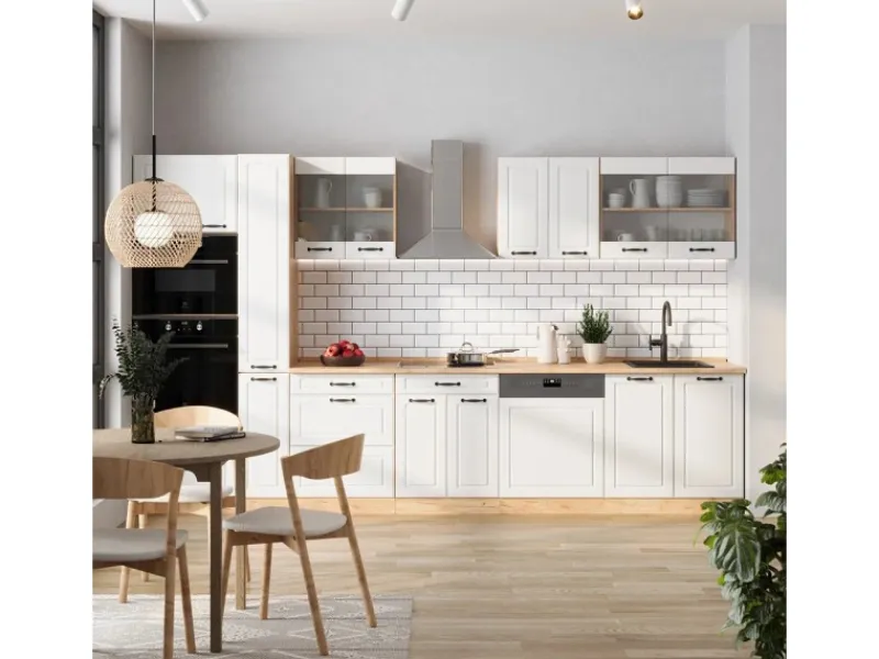 Vicco R-Line Küchenzeile Weiß Landhaus/Goldkraft Eiche 350 cm AP Marmor ohne E-Geräte< Einbauküchen