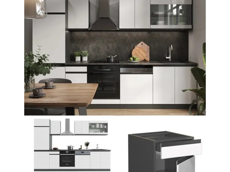 Hot Vicco R-Line Küchenzeile /Anthrazit 300 cm AP Marmor ohne E-Geräte Weiß