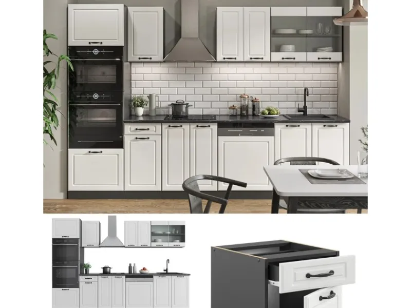 Vicco R-Line Küchenzeile Weiß Landhaus/Anthrazit 300 cm mit Hochschrankohne Arbeitsplatte ohne E-Geräte< Küchenschränke