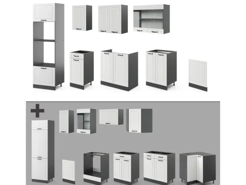 Vicco R-Line Küchenzeile Weiß Landhaus/Anthrazit 300 cm mit Hochschrankohne Arbeitsplatte ohne E-Geräte< Küchenschränke