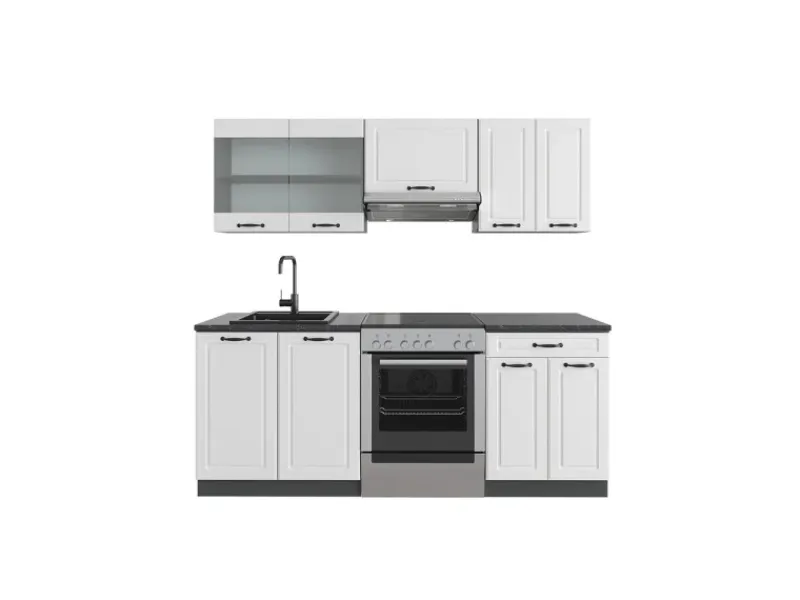 New Vicco R-Line Küchenzeile Weiß Landhaus/Anthrazit 200 cm AP Anthrazit ohne E-Geräte Weiß Strukturiert