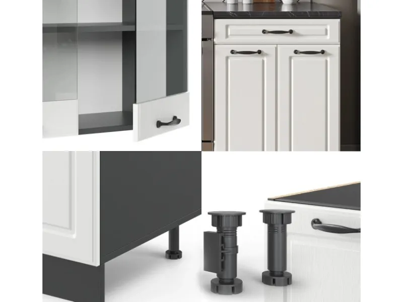 New Vicco R-Line Küchenzeile Weiß Landhaus/Anthrazit 200 cm AP Anthrazit ohne E-Geräte Weiß Strukturiert