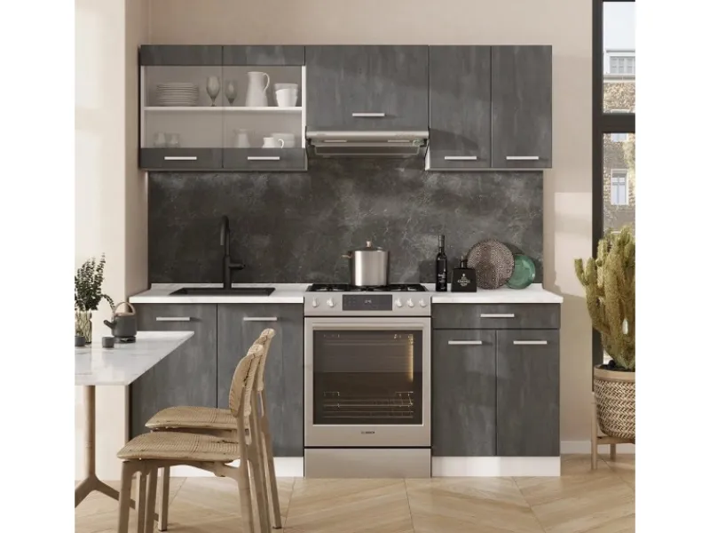 Vicco R-Line Komplettküche Schwarz Beton/Weiß 200 cm ohne Arbeitsplatte ohne E-Geräte< Einbauküchen