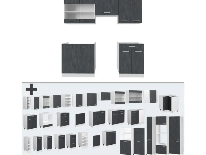 Vicco R-Line Komplettküche Schwarz Beton/Weiß 200 cm ohne Arbeitsplatte ohne E-Geräte< Einbauküchen