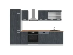 Vicco R-Line KomplettKüche Schwarz Beton/Weiß 300 cm AP Eiche ohne E-Geräte< Kochfelder|Einbauküchen