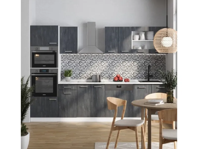 Einbauküchen<Vicco R-Line KomplettKüche Schwarz Beton/Weiß 300 cm AP Anthrazit Opt 2 ohne E-Geräte