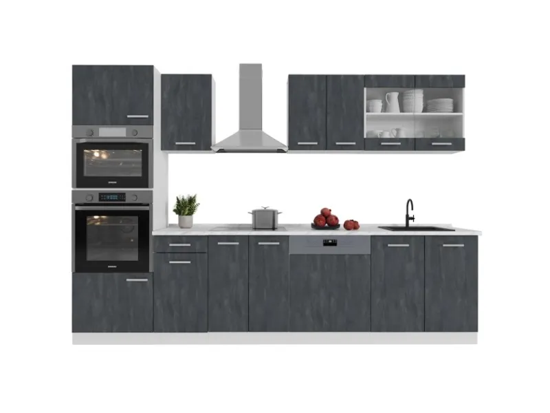 Einbauküchen<Vicco R-Line KomplettKüche Schwarz Beton/Weiß 300 cm AP Anthrazit Opt 2 ohne E-Geräte