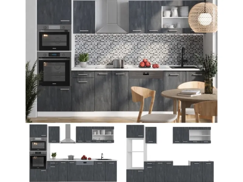 Einbauküchen<Vicco R-Line KomplettKüche Schwarz Beton/Weiß 300 cm AP Eiche Opt 2 ohne E-Geräte