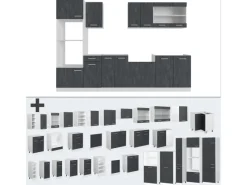 Einbauküchen<Vicco R-Line KomplettKüche Schwarz Beton/Weiß 300 cm AP Eiche Opt 2 ohne E-Geräte