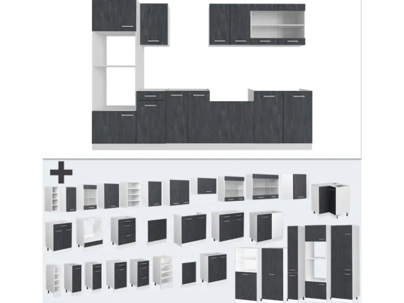 Einbauküchen<Vicco R-Line KomplettKüche Schwarz Beton/Weiß 300 cm AP Eiche Opt 2 ohne E-Geräte
