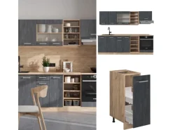 Einbauküchen<Vicco R-Line Komplettküche Schwarz Beton/Goldkraft Eiche 240 cm ohne Arbeitsplatte ohne E-Geräte