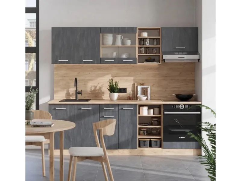 Vicco R-Line Komplettküche Schwarz Beton/Goldkraft Eiche 240 cm AP Anthrazit ohne E-Geräte< Einbauküchen
