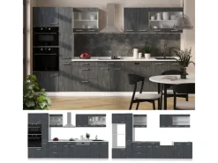 Einbauküchen<Vicco R-Line Komplettküche Schwarz Beton/Weiß 350 cm AP Marmor ohne E-Geräte