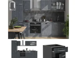Kühlschränke|Einbauküchen<Vicco R-Line Komplettküche Schwarz Beton/Anthrazit 300 cm AP Eiche ohne E-Geräte