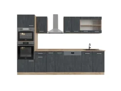 Einbauküchen<Vicco R-Line Komplettküche Schwarz Beton/Goldkraft Eiche 300 cm AP Eiche ohne E-Geräte