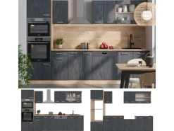 Einbauküchen<Vicco R-Line Komplettküche Schwarz Beton/Goldkraft Eiche 300 cm AP Eiche ohne E-Geräte