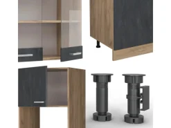 New Vicco R-Line Komplettküche Schwarz Beton/Goldkraft Eiche 300 cm AP Anthrazit ohne E-Geräte Beton Dunkelgrau