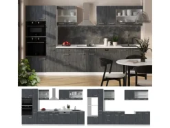 Outlet Vicco R-Line Komplettküche Schwarz Beton/Weiß 350 cm AP Anthrazit ohne E-Geräte Beton Dunkelgrau