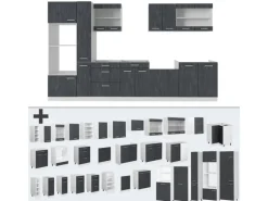 Outlet Vicco R-Line Komplettküche Schwarz Beton/Weiß 350 cm AP Anthrazit ohne E-Geräte Beton Dunkelgrau