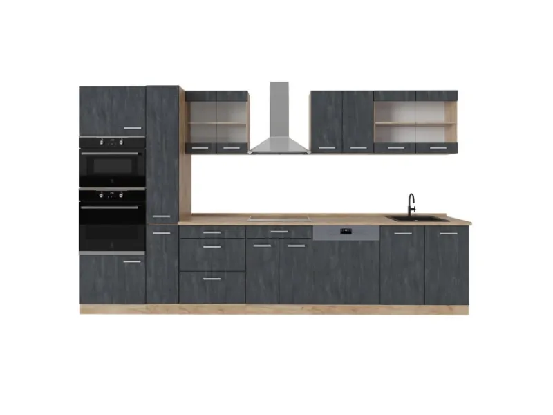 Einbauküchen<Vicco R-Line Komplettküche Schwarz Beton/Goldkraft Eiche 350 cm AP Eiche ohne E-Geräte