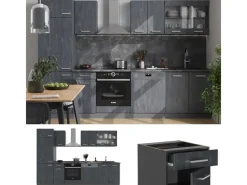 Einbauküchen<Vicco R-Line KomplettKüche Schwarz Beton/Anthrazit 300 cm ohne Arbeitsplatte ohne E-Geräte