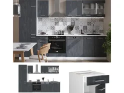 Einbauküchen<Vicco R-Line KomplettKüche Schwarz Beton/Weiß 300 cm AP Anthrazit ohne E-Geräte