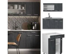 Discount Vicco R-Line Mini Küche Schwarz Beton/Weiß 140 cm AP Marmor ohne E-Geräte Beton Dunkelgrau