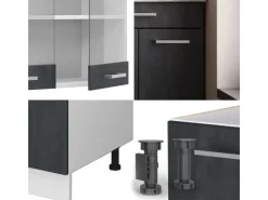 Discount Vicco R-Line Mini Küche Schwarz Beton/Weiß 140 cm AP Marmor ohne E-Geräte Beton Dunkelgrau