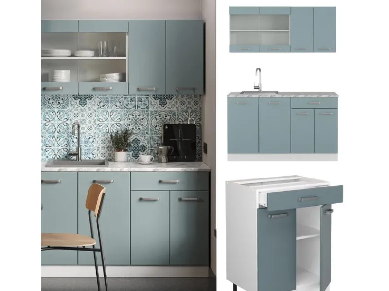 Vicco R-Line Mini-Küche Blau-Grau 140 cm AP Marmor ohne E-Geräte< Single-Küchen|Miniküchen