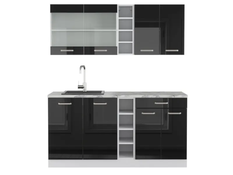 Hot Vicco R-Line Mini-Küche 160 cm AP Marmor ohne E-Geräte Schwarz Hochglanz