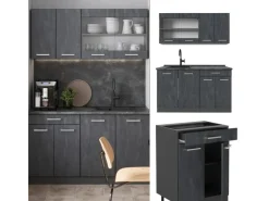 Single-Küchen|Miniküchen<Vicco R-Line Mini-Küche Schwarz Beton/Anthrazit 140 cm AP Eiche ohne E-Geräte