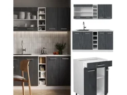 Hot Vicco R-Line Mini-Küche Schwarz Beton/Weiß 160 cm ohne Arbeitsplatte ohne E-Geräte Beton Dunkelgrau