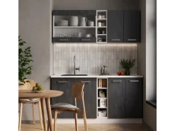 Hot Vicco R-Line Mini-Küche Schwarz Beton/Weiß 160 cm ohne Arbeitsplatte ohne E-Geräte Beton Dunkelgrau