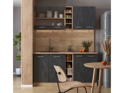 Hot Vicco R-Line Mini-Küche Schwarz Beton/Goldkraft Eiche 160 cm AP Eiche ohne E-Geräte Beton Dunkelgrau