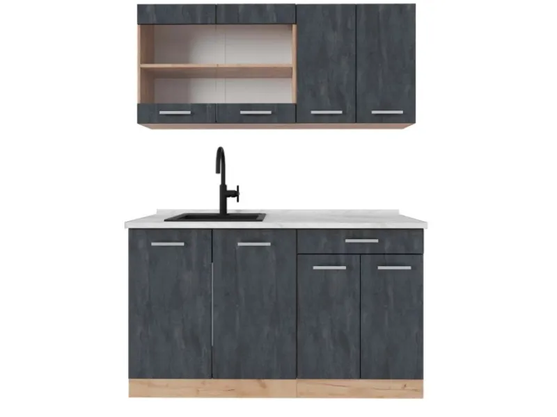 Vicco R-Line Mini-Küche Schwarz Beton/Goldkraft Eiche 140 cm AP Marmor ohne E-Geräte< Single-Küchen|Miniküchen