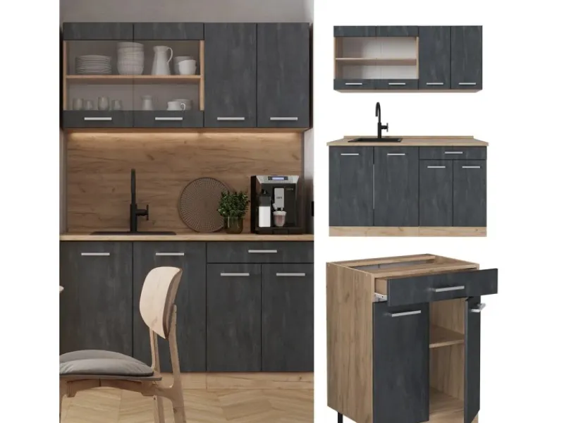 Vicco R-Line Mini-Küche Schwarz Beton/Goldkraft Eiche 140 cm AP Marmor ohne E-Geräte< Single-Küchen|Miniküchen