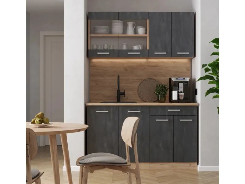 Vicco R-Line Mini-Küche Schwarz Beton/Goldkraft Eiche 140 cm AP Marmor ohne E-Geräte< Single-Küchen|Miniküchen