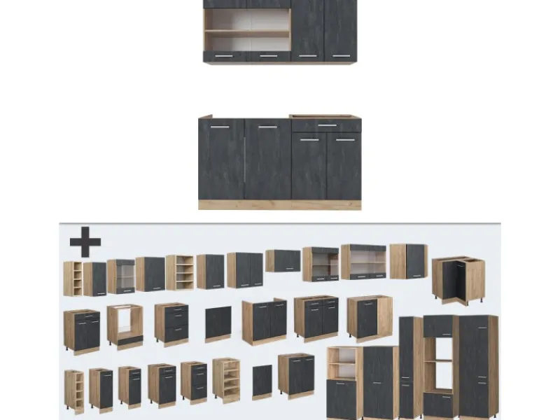 Vicco R-Line Mini-Küche Schwarz Beton/Goldkraft Eiche 140 cm AP Marmor ohne E-Geräte< Single-Küchen|Miniküchen