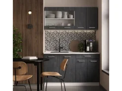 Miniküchen<Vicco R-Line Mini-Küche Schwarz Beton/Weiß 140 cm ohne Arbeitsplatte ohne E-Geräte