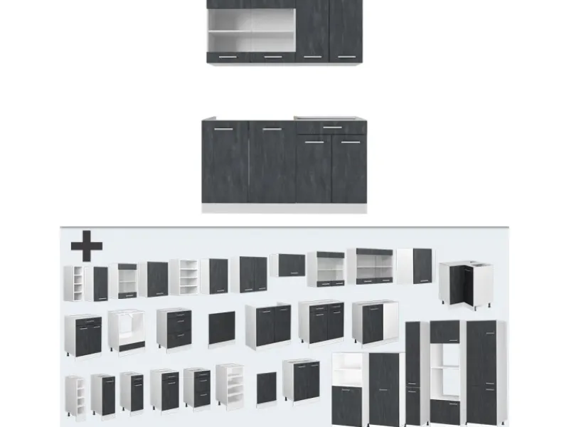 Miniküchen<Vicco R-Line Mini-Küche Schwarz Beton/Weiß 140 cm ohne Arbeitsplatte ohne E-Geräte