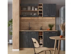 Discount Vicco R-Line Mini-Küche Schwarz Beton/Goldkraft Eiche 160 cm AP Anthrazit ohne E-Geräte Beton Dunkelgrau
